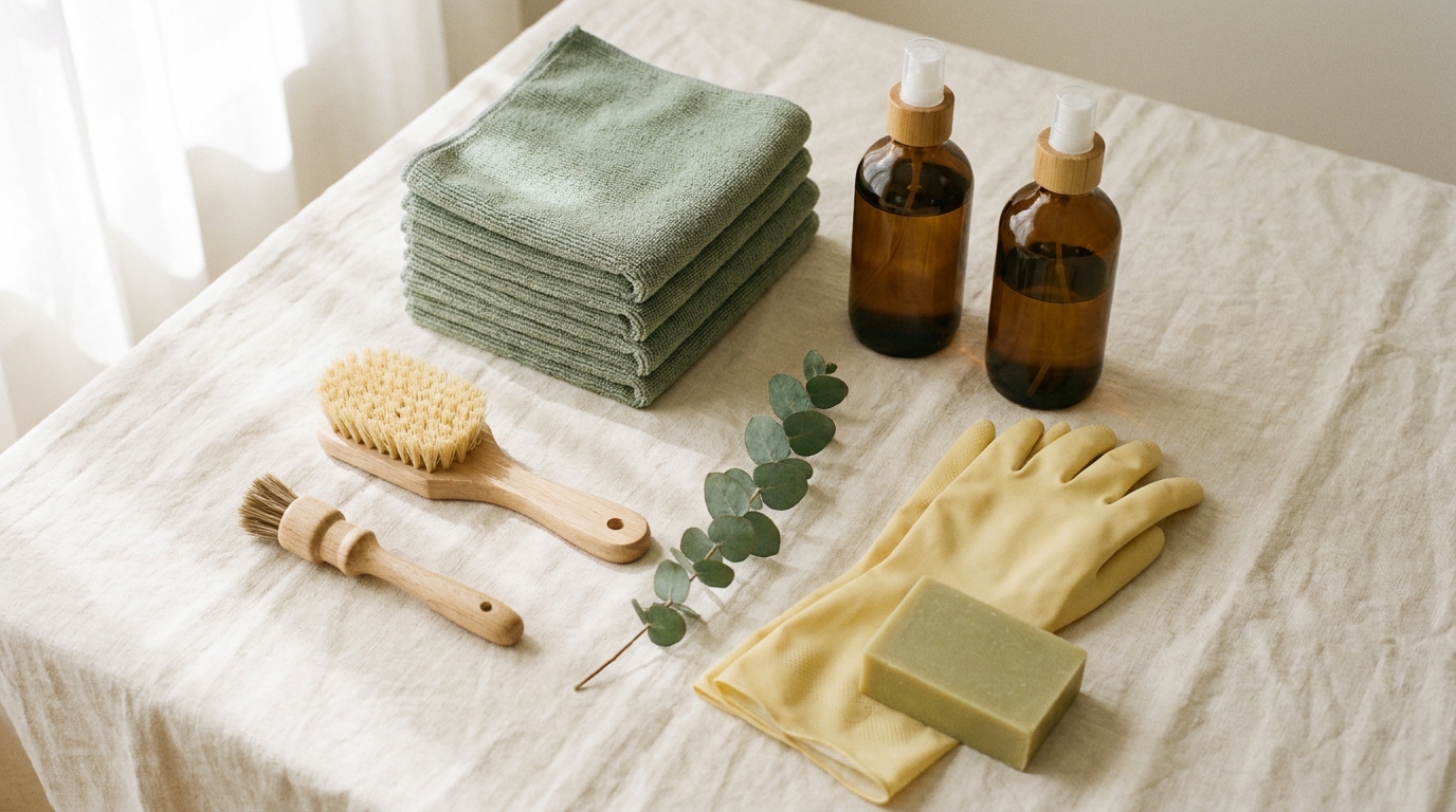 Flat-lay of cleaning supplies