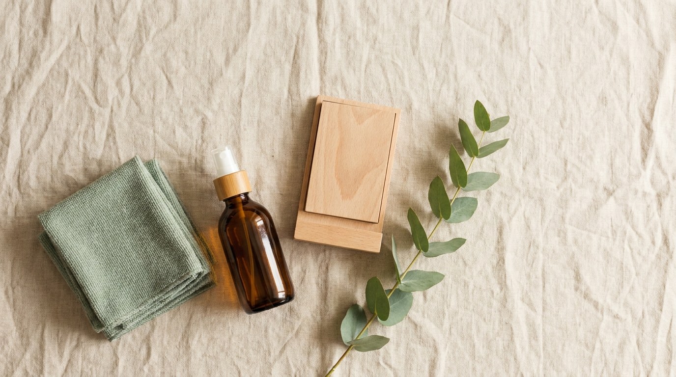 Folded sage cloths, amber spray bottle, wooden calendar and eucalyptus on linen