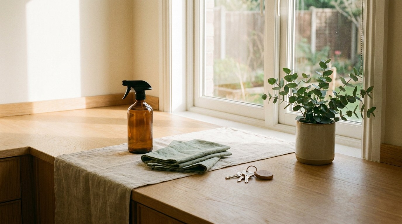 Tidy sunlit kitchen counter with amber spray bottle, folded cloths and house keys