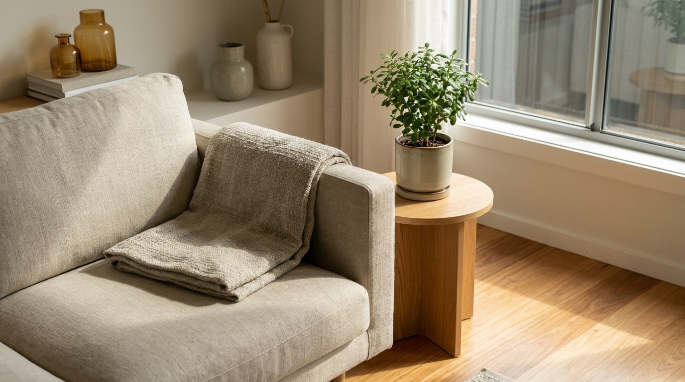 Sunlit living-room corner with linen sofa, folded throw and potted plant
